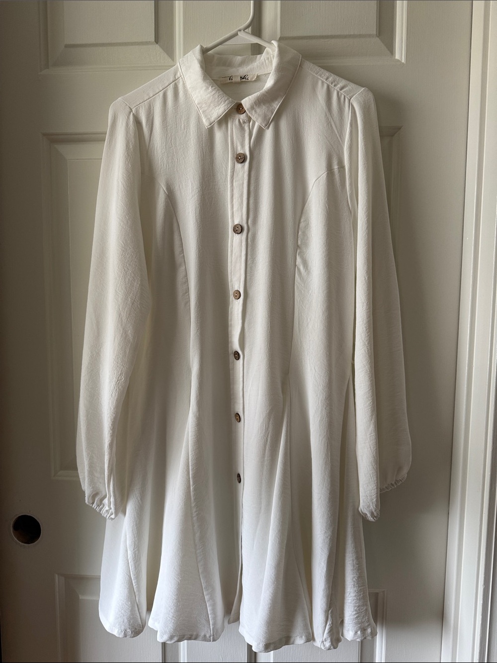 Off White Button-Front Long-Sleeve Shirt Dress